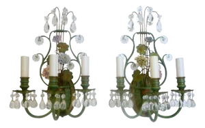 Pair of Polychrome Enameled Bronze and Porcelain Flower Lyre Form Sconces
