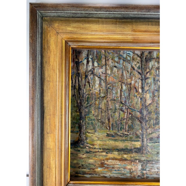 Rustic Mid-Century Modern Impressionist Oil Painting Wooded Landscape Signed Campbell For Sale - Image 3 of 11