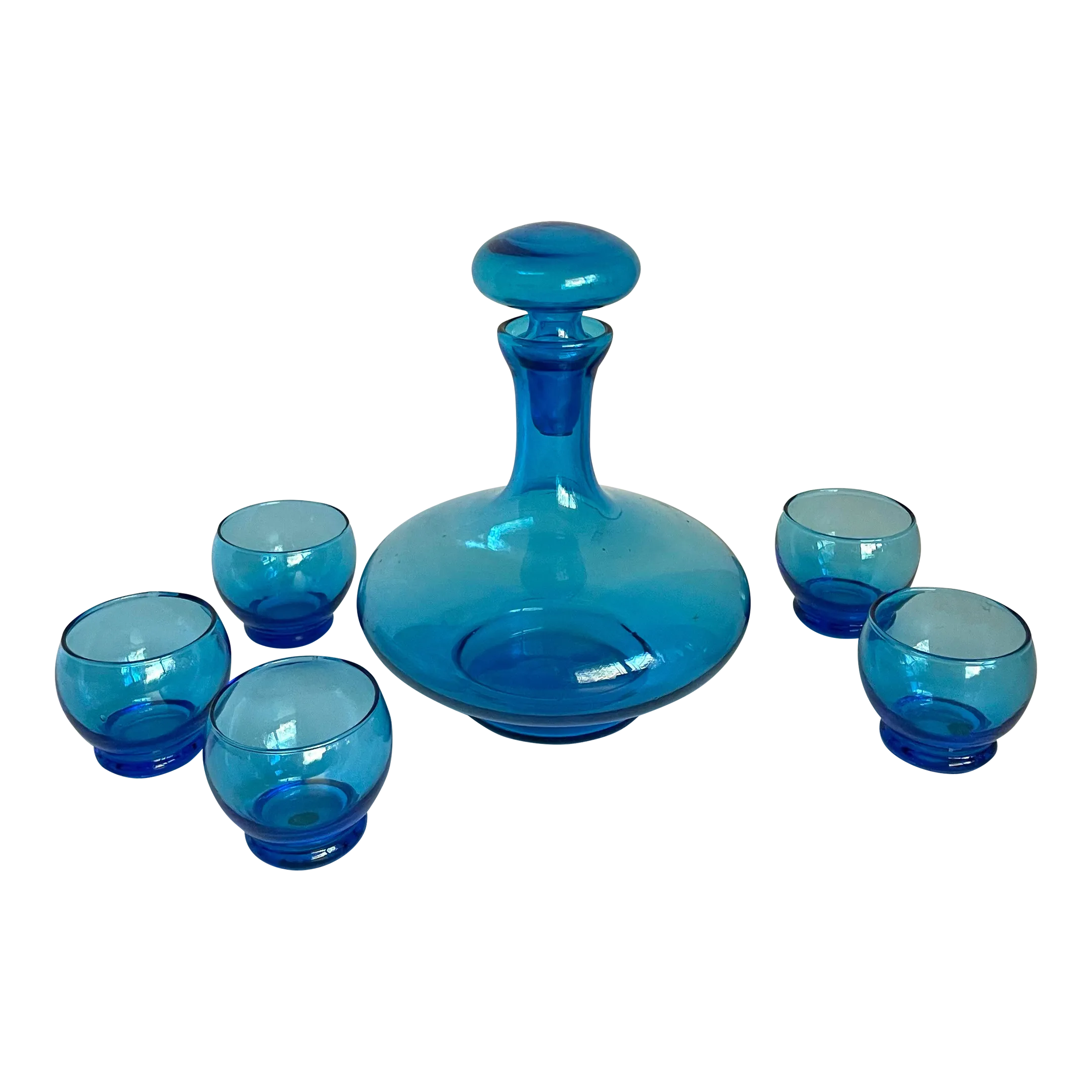 MCM Italian Blue Art Glass Decanter and 5 Glasses Set | Chairish