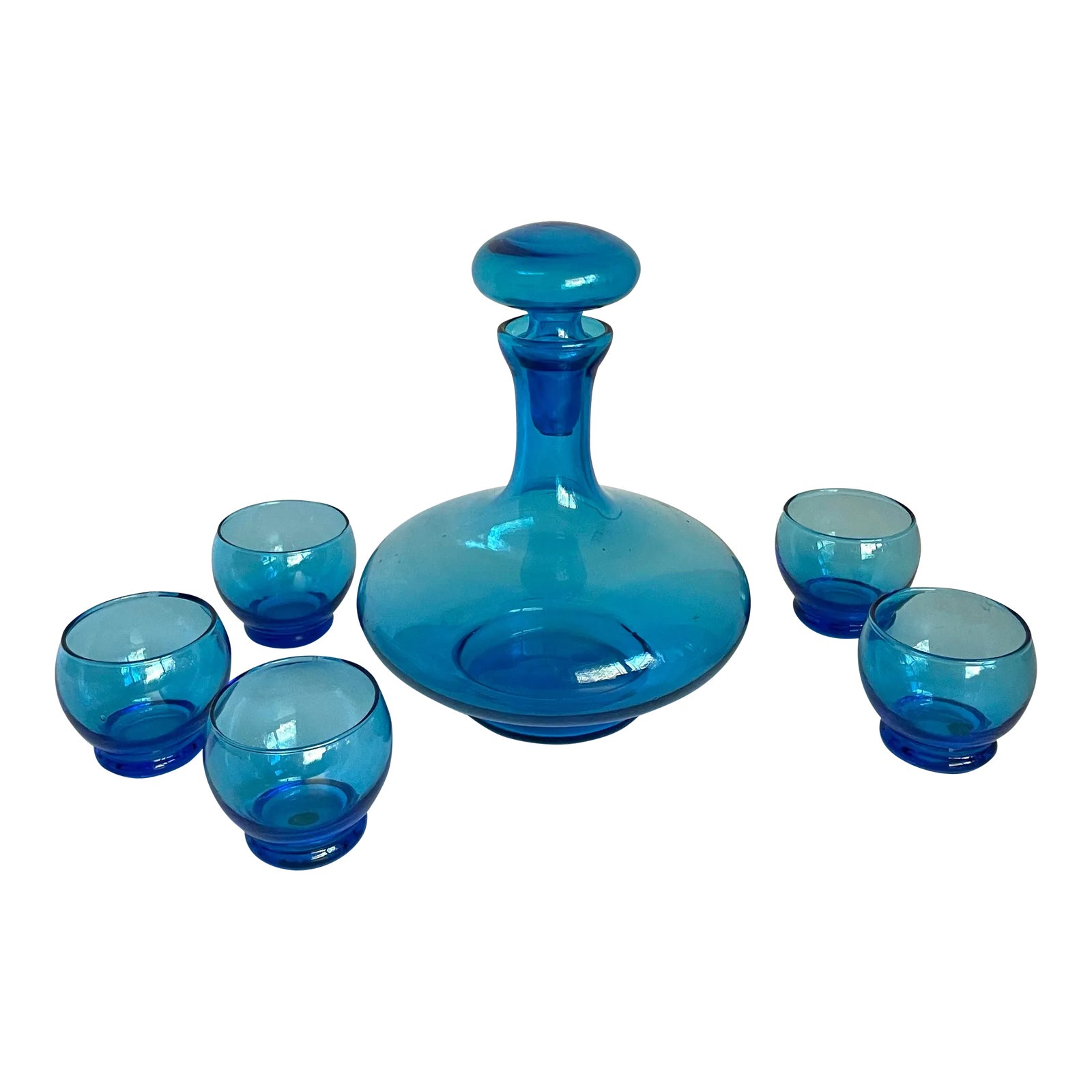 MCM Italian Blue Art Glass Decanter and 5 Glasses Set | Chairish