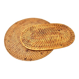 Vintage Woven Rattan Trivets or Plant Stands – Set of 2 Round and Oval Basket Weave Tabletop Mats For Sale