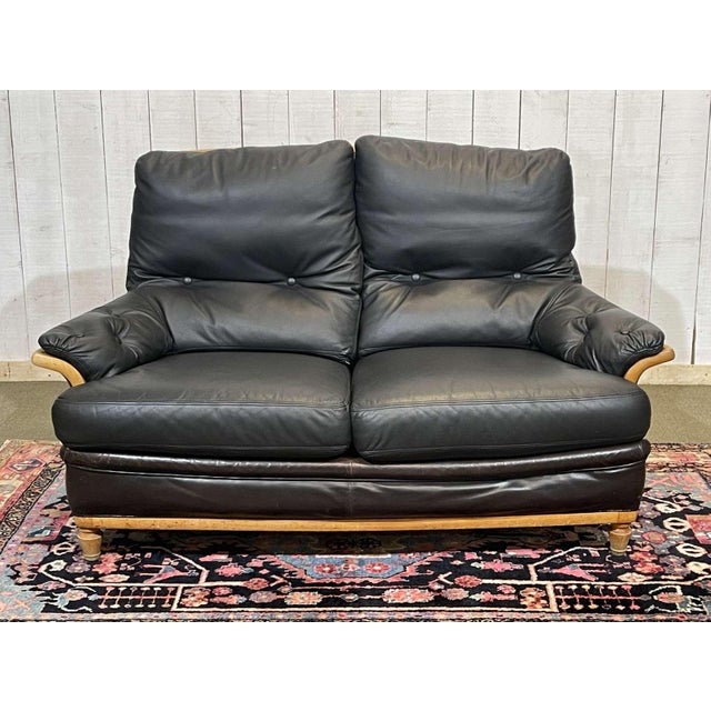 Black Leather and Beech Sofa, 1970s For Sale - Image 8 of 8