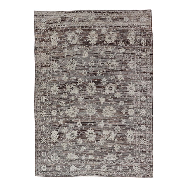 Modern Rug in Wool With Sub-Geometric Floral Oushak Design by Keivan Woven Arts For Sale