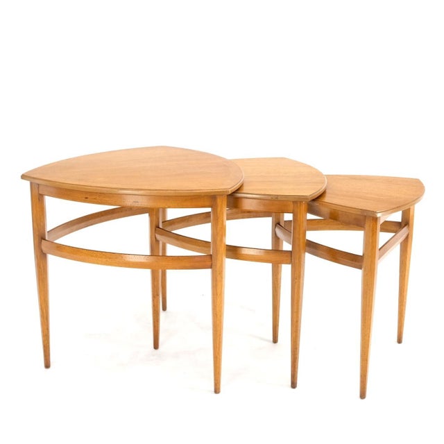 Set of 3 Mid-Century Modern light walnut three rounded triangle shape nesting stacking tables.