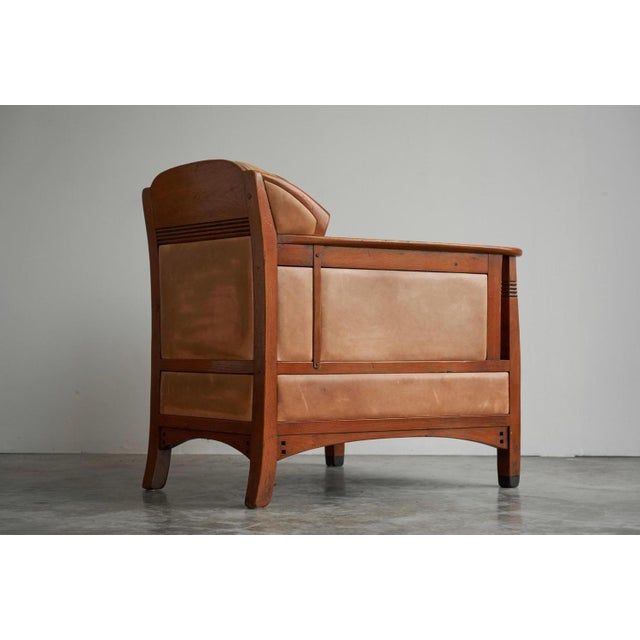 Wood Vintage Art Deco Chair in Oak and Cognac Leather, 1980s For Sale - Image 7 of 14