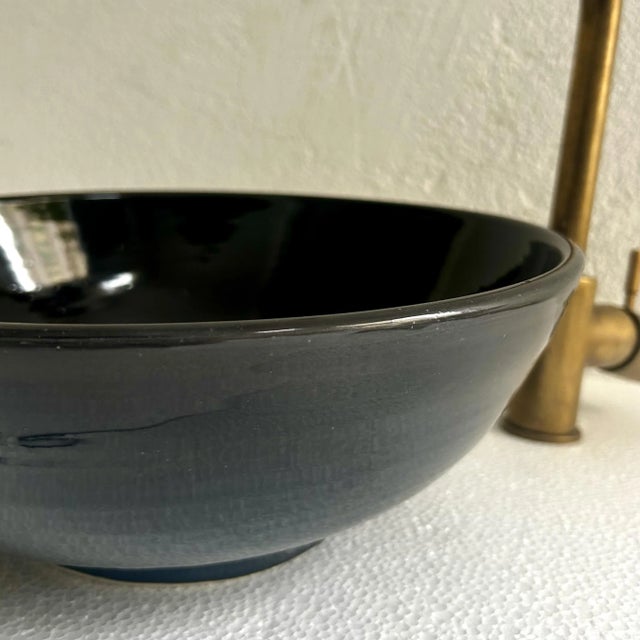 Not Yet Made - Made To Order Black Round Ceramic Blacked Vanity Vessel Sink Basin, Brass Drain For Sale - Image 5 of 9