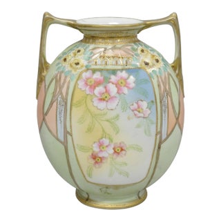 Antique Nippon Art Nouveau Hand Painted Porcelain Pink Flower Twin Handle Vase For Sale