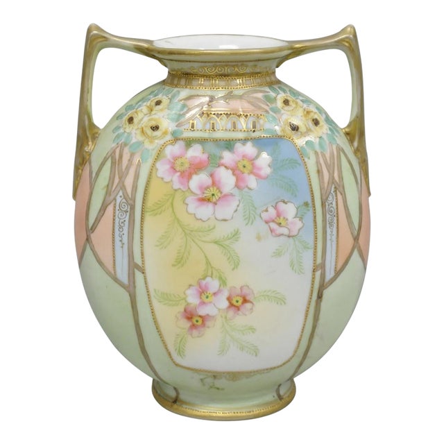 Antique Nippon Art Nouveau Hand Painted Porcelain Pink Flower Twin Handle Vase For Sale