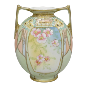 Antique Nippon Art Nouveau Hand Painted Porcelain Pink Flower Twin Handle Vase