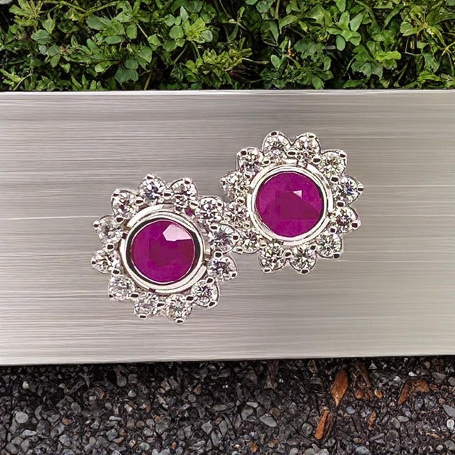 Diamond Ruby Stud Earrings 14 Karat White Gold 1.87 TCW Certified For Sale In New York - Image 6 of 18