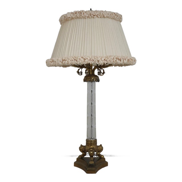 Warren Kessler Crystal & Brass Column Lamp W. Shade For Sale
