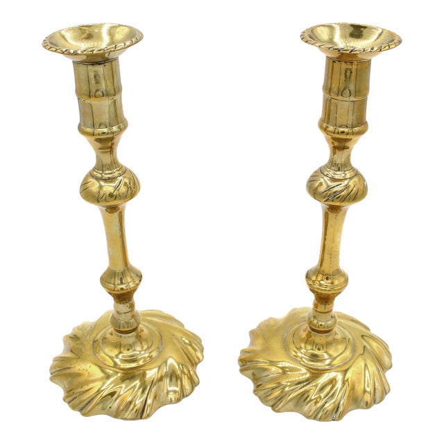 Circa 1750 George II Period Pair of Brass Candlesticks For Sale
