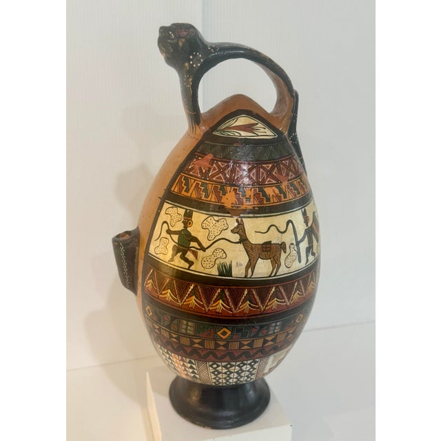 Mid 20th Century Large Peruvian Folk Art Pottery Vase With Jaguar Handle & Llama Motif 14” Tall For Sale - Image 9 of 12