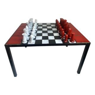 Chess Coffee Table with Wrought Iron and Ceramic Board, Ceramic Game Pieces, 1960s For Sale