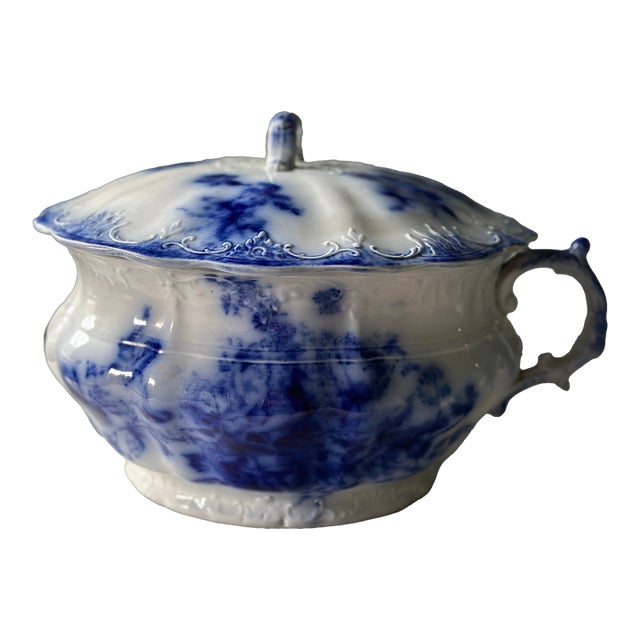 Antique Victorian w.h. Grindley Flow Blue Lidded Chamber Pot - "Harley" Pattern For Sale