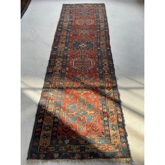 Antique Northwest Persian Heriz Runner Rust, Camel, French Blue Rug 3.4 x 10.6 For Sale In Milwaukee - Image 6 of 12