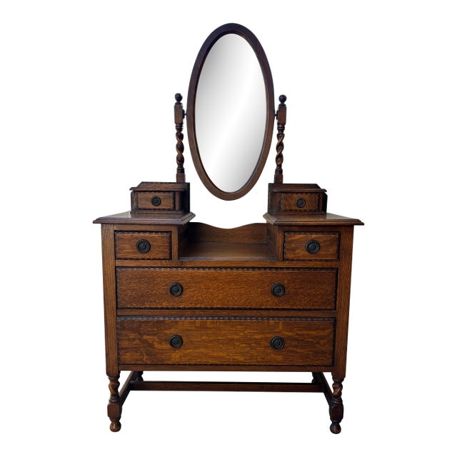 Antique 1900s Tiger Oak Vanity / Dresser With a Swivel Mirror, Featuring Barley Twist Columns and Legs For Sale