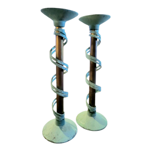 Antique Brutalist Copper Brass Verdigris Cylindrical Candle Stick Holder a Pair