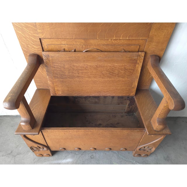 Antique Arts and Crafts Style Carved Oak Hall Bench With Storage For Sale - Image 9 of 10