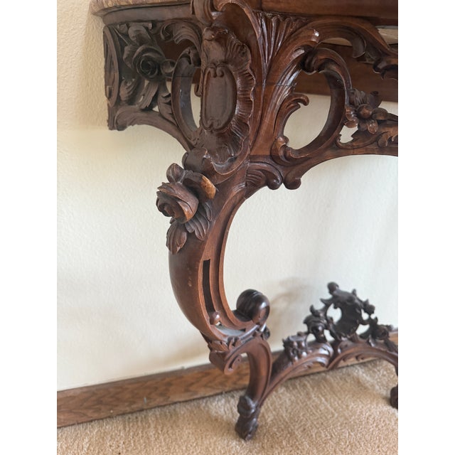 Late 19th Century Italian Hand Carved Walnut Wall Console With Marble Top For Sale - Image 4 of 15