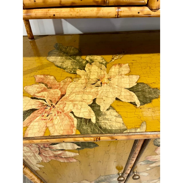 Vintage Tortoiseshell Bamboo Large Floral Decoupage Chinoiserie Display Cabinet For Sale - Image 12 of 15