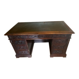 Antique French Hand Carved Oak Desk For Sale