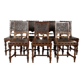 Spanish Revival Leather Embossed Carved Dining Chairs-Set of 6 For Sale