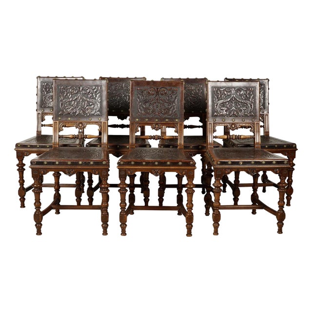 Spanish Revival Leather Embossed Carved Dining Chairs-Set of 6 For Sale