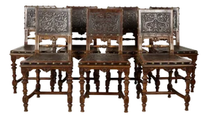 Spanish Revival Leather Embossed Carved Dining Chairs-Set of 6