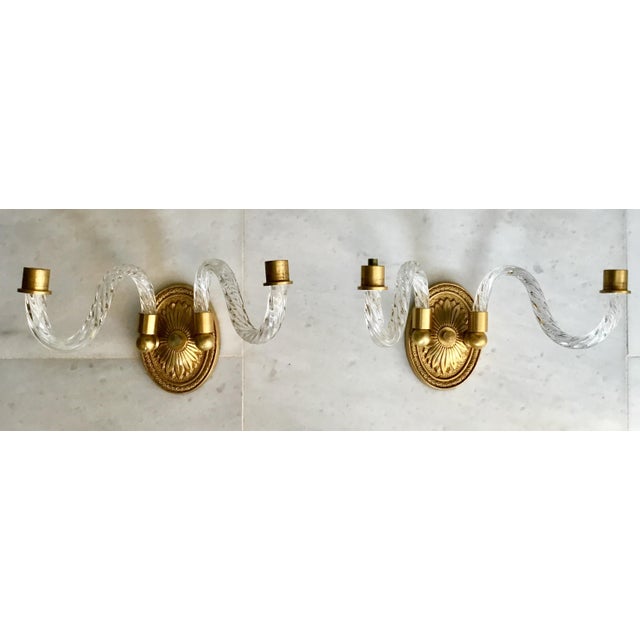 Metal A Pair of Hollywood Regency Fluted Glass Arm Sconces For Sale - Image 7 of 8