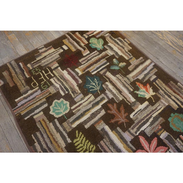Lofty Brown Color Background With Floral and Symmetrical Patters Design Vintage American Hooked Rug For Sale - Image 9 of 13