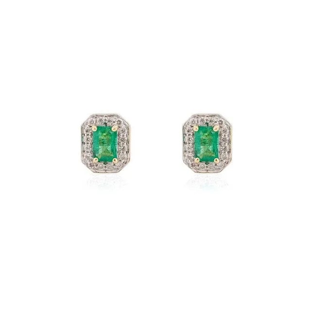 Art Deco 14k Gold Emerald Halo Diamond Stud Earrings - 2 Peices For Sale - Image 3 of 5