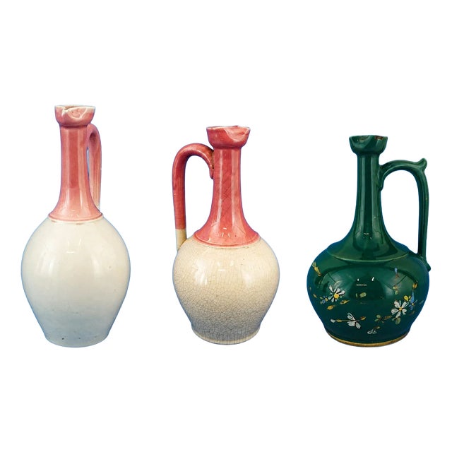 19th Century Art Nouveau Majolica Ceramic Jugs attributed to Sarreguemines or Lunéville, France, Set of 3 For Sale