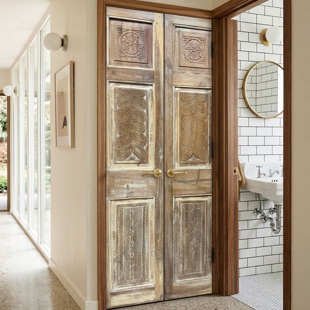 Hand Carved Wood Double Doors – Vintage Pantry & Closet Door 80x34 For Sale - Image 9 of 9