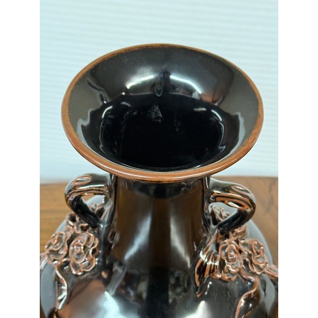 Late 20th Century Antique Replica Chinese Dark Glaze Twin-Handle Floral Pottery Vase For Sale - Image 5 of 12