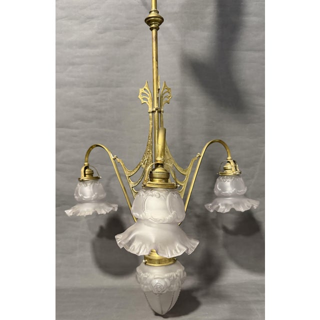 1910s Vintage Art Nouveau Ceiling Lamp with Glass Shades, France, 1910s For Sale - Image 5 of 9