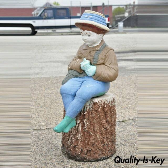 Vtg Concrete Boy Fishing Seated on Tree Stump Garden Statue Ornament