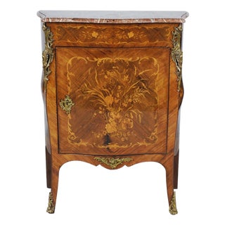19th-Century French Floral Marquetry Cabinet With Rouge Marble and Bronze Mounts For Sale