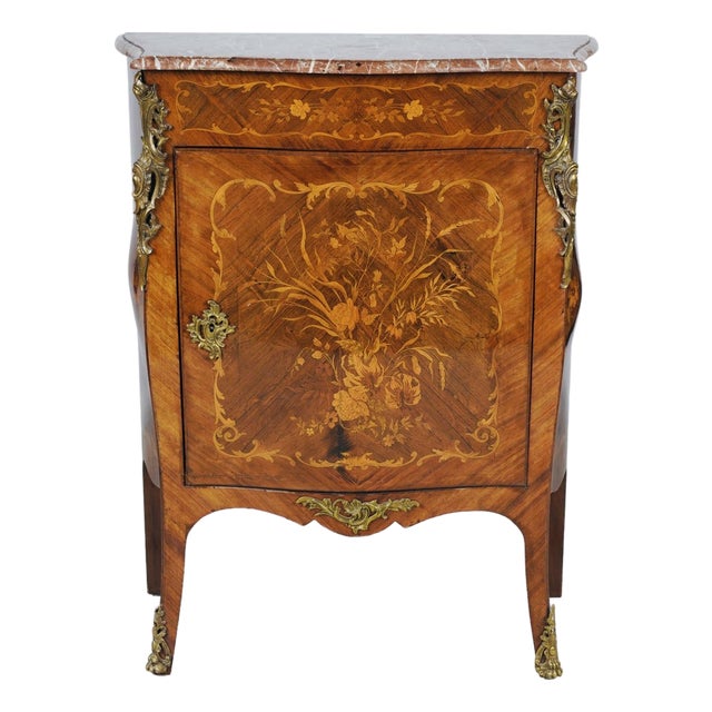 19th-Century French Floral Marquetry Cabinet With Rouge Marble and Bronze Mounts For Sale