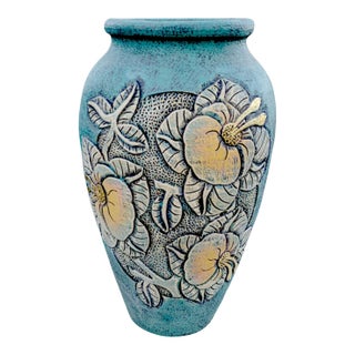 1980's Incised Turquoise Yellow Botanical Themed Hand-Thrown Studio Pottery Planter Vessel For Sale