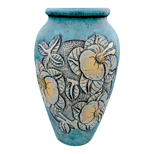 1980's Incised Turquoise Yellow Botanical Themed Hand-Thrown Studio Pottery Planter Vessel