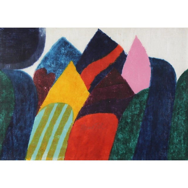 A vibrant original color woodcut titled “Phewa Tal” by celebrated American printmaker Carol Summers (1925–2016), created...