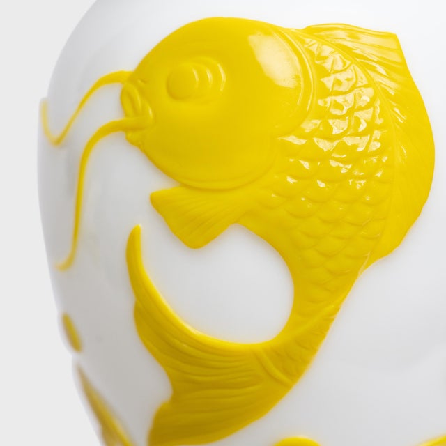 Early 20th Century Chinese Pair of Citron to White Peking Glass Vases With Leaping Koi, C. 1930 For Sale - Image 5 of 10
