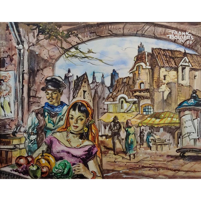French Frank Howard Bowers -Young Couple at the French Market -Painting 1954 For Sale - Image 3 of 10
