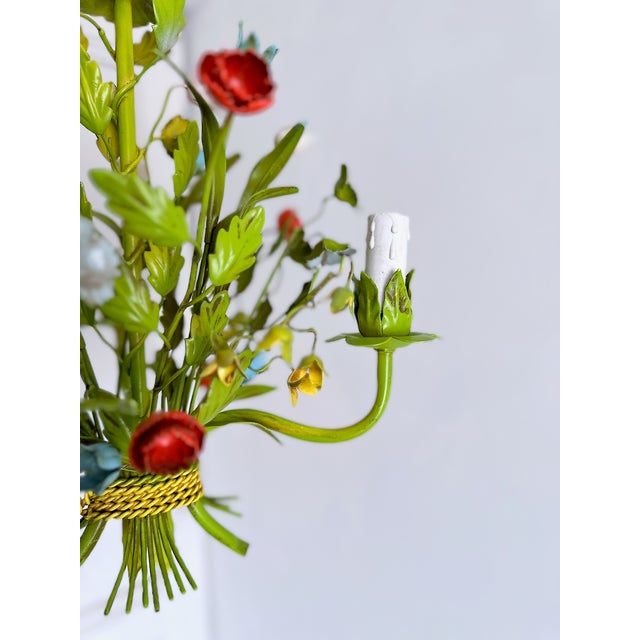 Mid-Century Floral Bouquet 3-Light Chandelier in Green Painted Tole Metal, 1960s For Sale - Image 11 of 16