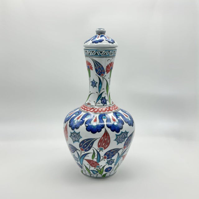 Handmade Ceramic Iznik Bottle Vase with Lid Red Tulip and Geometric Pattern For Sale - Image 6 of 9