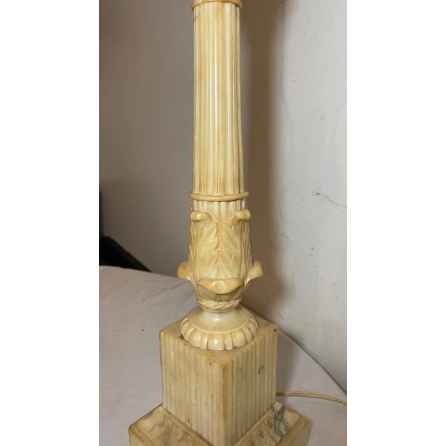 Large Antique Hand Carved Alabaster Stone Marble Column Electric Table Lamp For Sale In New York - Image 6 of 12