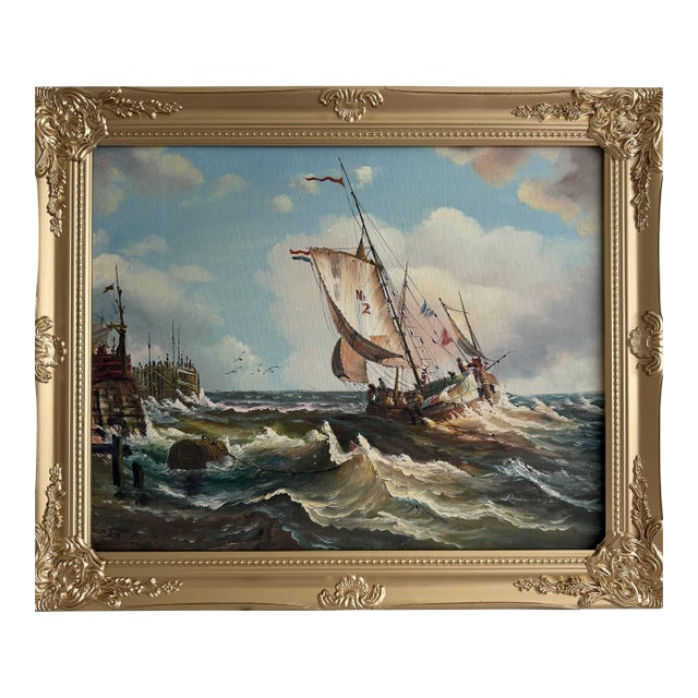 Signed Oil Painting on Canvas Sailing Ship Rough Sea Maritime Seascape Framed For Sale