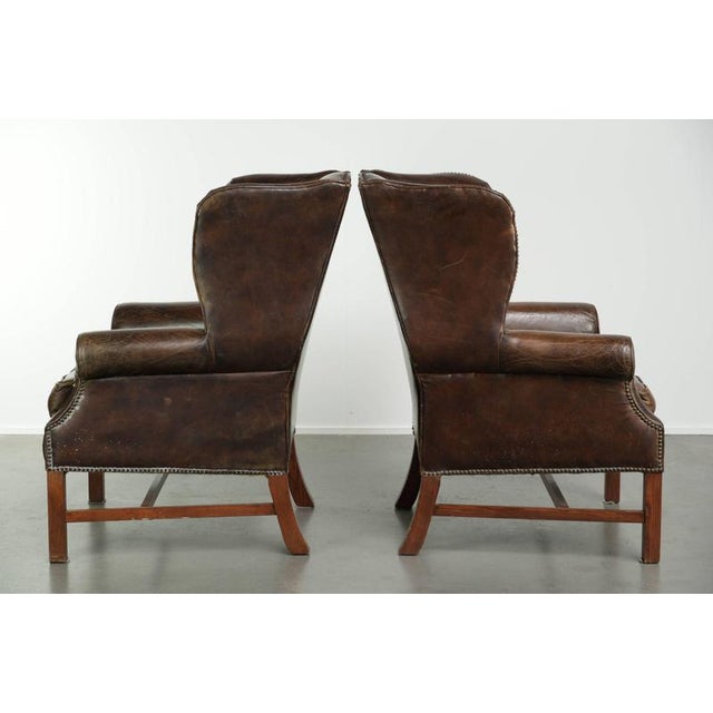Large English Dark Cognac-colored Cowhide Leather Wing Armchairs, Set of 2 For Sale - Image 4 of 14
