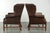 Large English Dark Cognac-colored Cowhide Leather Wing Armchairs, Set of 2 For Sale - Image 4 of 14
